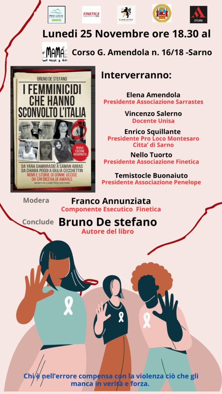 A Sarno la presentazione del libro di Bruno De Stefano, “I femminicidi che hanno sconvolto l’Italia”